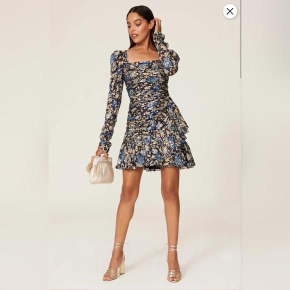 NWOT Monique Lhuillier Floral Chiffon Flounce Long Sleeve Dress Size 6 - Picture 12 of 15